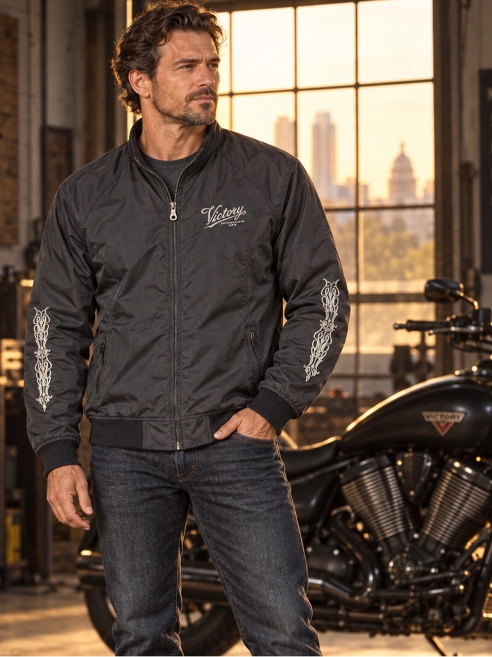 Victory Motorcycles Black Embroidered Bomber Jacket Medium Moto Riding Bikercore